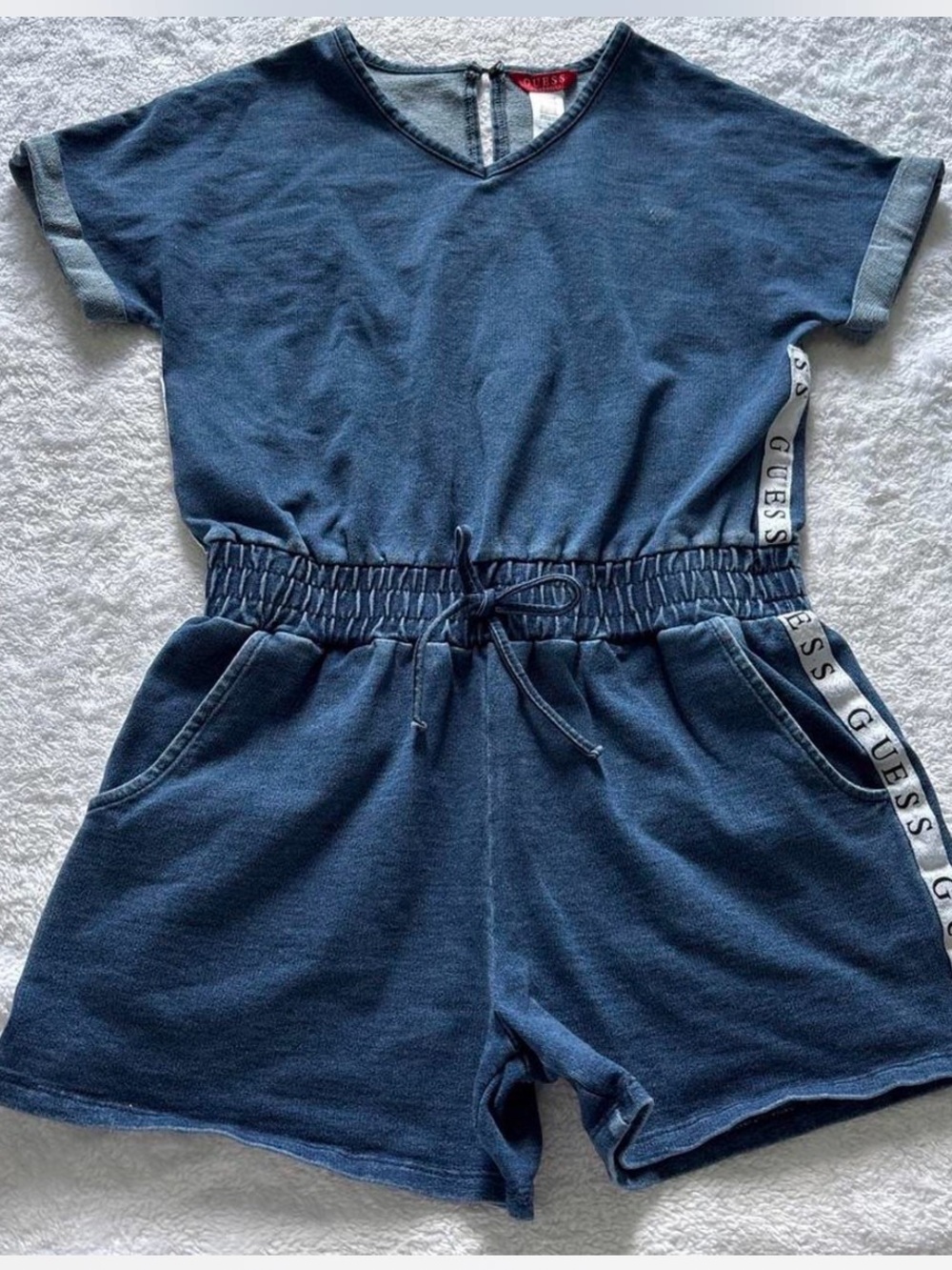 Kids GUESS Navy Blue Logo-Trim Short Romper